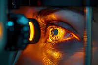 Close-up of human eye during medical examination with orange and blue lighting effects, showing detailed iris structure and reflection of optometry equipment.
