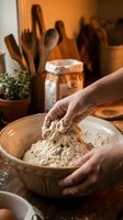 Hands kneading dough in rustic kitchen bowl with flour and wooden utensils in warm homestyle cooking environment for baking bread preparation.