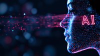Glowing digital profile with AI text and particle effects on dark background, representing artificial intelligence and machine learning technology advancement.