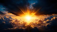 Dramatic sunset sky with bright sunburst breaking through dark storm clouds, creating golden rays and ethereal atmospheric light effect. Spiritual and inspirational background.