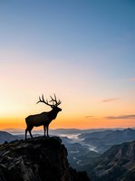 Silhouette of a majestic stag with large antlers standing on a rocky mountain peak at sunset, overlooking a vast alpine valley landscape with forested hills and misty terrain below.