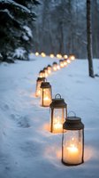 Glowing lanterns illuminate a snowy forest path, creating a magical winter atmosphere with warm light against cold blue twilight.