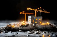 Miniature construction site with illuminated tower cranes and building model on dirt mound at night, creating dramatic atmosphere for real estate or development concepts.