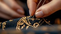 Close-up of hands embroidering ornate gold pattern on dark fabric, showcasing detailed needlework and craftsmanship in traditional textile art.
