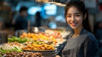 Young Asian female chef smiling in professional kitchen with colorful prepared dishes and blurred restaurant background. Culinary hospitality service concept.