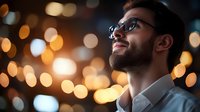 Young professional businessman with glasses looking up optimistically against warm bokeh city lights background at night for business success concepts.