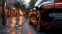 Modern electric vehicle charging at sunset, rear view of luxury black car connected to public charging station on wet pavement with glowing lights reflected.