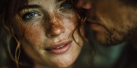 Young woman with freckles and green eyes in warm natural lighting portrait showcasing natural beauty and authentic expression for lifestyle content.