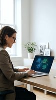 Young woman of mixed ethnicity wearing glasses and business casual attire working on laptop displaying digital icons at wooden desk near window in bright office environment.