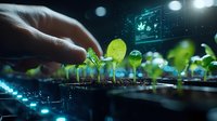Young plant seedlings in soil with futuristic holographic data displays and glowing technology elements, representing smart agriculture and digital farming innovation.