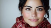 Young Hispanic woman with natural makeup and warm smile wearing red patterned scarf against light background, close up portrait showing genuine expression.