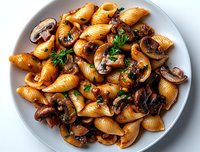 Shell pasta with sauteed mushrooms and fresh parsley garnish served on white plate, close up view of traditional Italian cuisine meal preparation.
