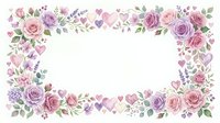 Watercolor floral frame with pink and purple roses, hearts, and green leaves on white background for romantic wedding invitations and greeting cards.
