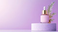 Luxury skincare serum bottle with gold dropper on purple podium with eucalyptus leaves against gradient background for cosmetic product display.