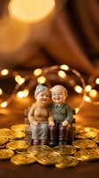 Elderly couple figurines sitting on golden coins with warm bokeh lights background representing retirement savings and financial security planning.