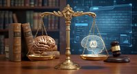 Golden scales of justice balancing human brain against AI chip in law library with digital screens showing legal technology transformation.