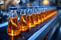 Bottles of amber liquid moving along industrial production line with warm lighting and blurred factory background for beverage manufacturing concepts.
