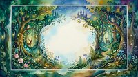Enchanted forest frame with magical trees, flowers and mystical creatures creating ornate border for fairy tale designs and fantasy storytelling.