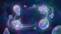 Neon glowing icons representing artificial intelligence, machine learning, and digital technology floating in cyberspace with swirling energy waves and particles for tech innovation concepts.