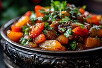 Tender beef stew with carrots and potatoes in rich brown gravy, garnished with fresh herbs, served in rustic ceramic bowl. Close up with selective focus.