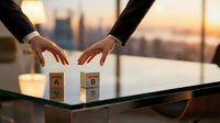 Business professional hands reaching for wooden blocks with letters A and B on modern office desk during golden hour sunset with city skyline background.
