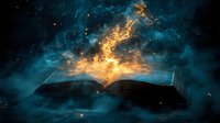 Magical open book with glowing pages emitting golden light and mystical energy swirls against dark stormy sky with stars and turquoise cosmic clouds.