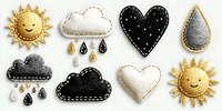 Handcrafted felt weather elements with decorative stitching including smiling suns, clouds with raindrops, and heart shapes in black, white, and gold color scheme.