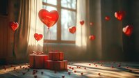 Red heart balloons floating above wrapped gifts in cozy room with soft window light and scattered rose petals on wooden floor, romantic holiday atmosphere.