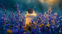 Glass jar with magical glowing fireflies among blooming lavender flowers in twilight garden, creating dreamy atmospheric nature scene with bokeh light effects.