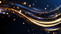 Abstract golden light trails with sparkling particles and bokeh effects on dark background for luxury design projects and digital presentations.