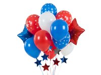 Patriotic balloon bunch with red, white and blue round balloons, star-shaped foil balloons and hanging stars isolated on white background for holiday celebrations and party decorations.