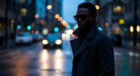 Young African American man in dark coat standing on wet city street at night with blurred traffic lights and urban bokeh background for lifestyle concepts.