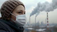 Young woman wearing protective face mask and knit hat against industrial pollution background with smoking chimneys and toxic air quality concerns.