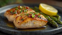 Grilled chicken breast with herbs, chili flakes and lemon garnish served alongside fresh asparagus on dark plate, close up view of juicy meat in sauce.