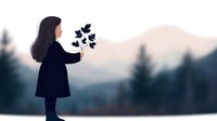 Young woman silhouette in winter coat holding branch with leaves against misty mountain landscape background in soft pastel colors and minimalist style.