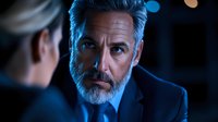 Mature businessman with gray beard in dark suit illuminated by dramatic blue lighting during intense negotiation meeting, expressing serious confidence.