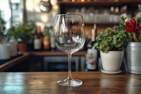 Empty wine glass on wooden bar counter with blurred restaurant interior, potted flowers, and warm ambient lighting. Suitable for hospitality, dining, and beverage marketing.