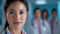 Young Asian female medical professional in white coat with confident expression, hospital corridor background with blurred medical team. Healthcare concept.