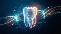 Digital tooth hologram with glowing energy waves and particles on dark blue background for dental technology and healthcare innovation concepts.