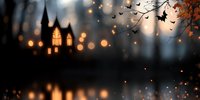 Spooky castle silhouette with autumn leaves and flying bats against moody bokeh lights, reflecting in dark water, creating mysterious Halloween atmosphere.