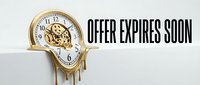 Melting gold clock with dripping effect on white podium, bold text offer expires soon, urgency concept for sales, promotions, and marketing banners.