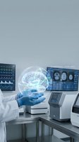 Medical professional holding holographic brain model in modern laboratory with neurological data displays and advanced diagnostic equipment.