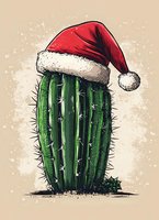 Green barrel cactus wearing red Santa hat with white fur trim against beige background, festive holiday desert botanical illustration with spiky thorns.