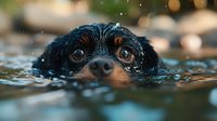 Adorable black and tan Cavalier King Charles Spaniel puppy swimming in water with only eyes and nose visible, creating heartwarming moment against blurred bokeh background.