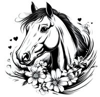 Elegant horse head portrait with flowing mane surrounded by decorative flowers and hearts in black and white monochrome style on isolated background.