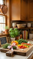 Rustic kitchen counter with fresh vegetables, herbs, and cooking ingredients arranged on wooden cutting board near window with potted plants and vintage cookware for culinary content.