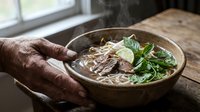 Asian noodle soup bowl held by hand, featuring broth, noodles, greens and lime garnish for culinary and food styling use.