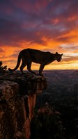 Mountain lion silhouette standing on rocky cliff edge during dramatic sunset with vibrant orange and purple sky over canyon landscape for wildlife photography.