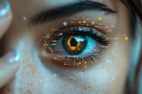 Close-up of human eye with digital interface overlay showing futuristic technology elements, biometric scanning, and data visualization in cyan and orange tones.