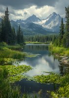 Dramatic mountain peaks rise above tranquil lake with lily pads, surrounded by evergreen forest under moody storm clouds, reflecting pristine wilderness landscape.
